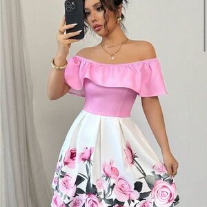 Pink Floral Off-Shoulder Dress